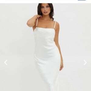 Elegant White Satin Dress with Pearl Straps
